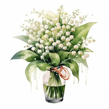 big bouquet of lilies of the valley in glass vase isolated on white, AI Generated