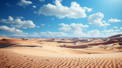 Fototapeta na wymiar Desert landscape with sand dunes under the blue sky with white clouds. Generative Ai
