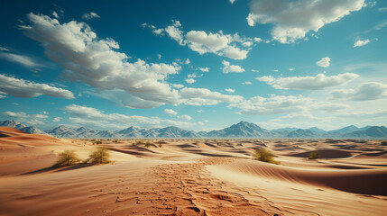 Fototapeta na wymiar Desert landscape with sand dunes under the blue sky with white clouds. Generative Ai