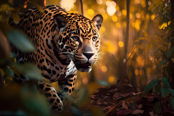 Portrait of a hunting jaguar in the jungle of Amazon rainforest