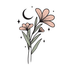 Minimalistic line art illustration of flowers with moon and star, vector art