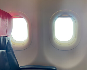 Fototapeta premium aeroplane window with clear background from a big airplane airline jet