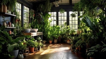 Fototapeta na wymiar A space filled with lush indoor plants, creating a calming. AI generated