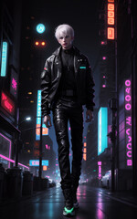 Cyberpunk man. Futuristic cyber background, Cyber Anime handsome boy.