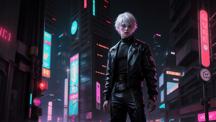 Obraz premium Cyberpunk man. Futuristic cyber background, Cyber Anime handsome boy.
