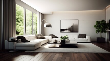 Naklejka na ściany i meble A clean living room showcasing minimalist interior design. AI generated