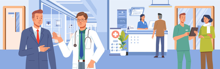 People Characters in Hospital Reception. Working Medical Staff. Doctor Talking to Patient in Hospital Room. Medical Clinic Concept. Flat Cartoon Vector Illustration - obrazy, fototapety, plakaty