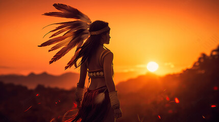 Beautiful shamanic woman evoking the spirits of nature in a lovely sunset scenery - obrazy, fototapety, plakaty