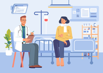 Doctor and girl patient at desk in hospital office. Clinic visit for exam, meeting with physician, conversation with medic about diagnosis results