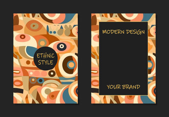 Vintage cover set, vertical templates. Collection of watercolor geometric backgrounds with tribal abstract pattern in ethnic style. Minimalism, palette of colors of the East, Asia, India, Mexico