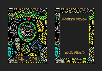 Decorative set of covers, vertical templates. Collection of watercolor geometric backgrounds with tribal abstract pattern in ethnic style. Minimalism, palette of colors of the East, Asia, India, Mexic