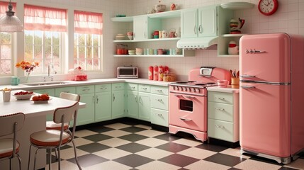 A kitchen with retro appliances and vintage-inspired design elements. AI generated