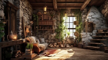 A rustic living space with natural materials and earthy tones. AI generated