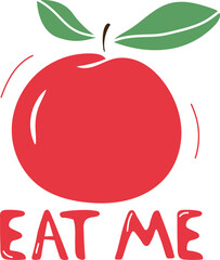 Eat me lettering red apple, funny lettering doodle style, hand drawing on white background