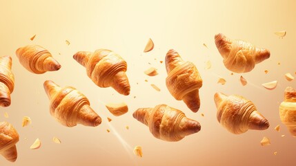 Advertisement studio banner with freshly baked french butter croissants flying in the air on beige colored background. Generative AI technology