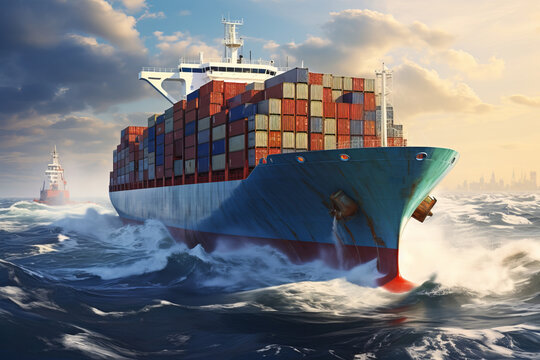a huge container carrying ship in the sea. Cargo transportation. International long-haul delivery. Generative AI technology