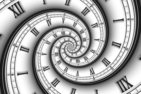 Abstract modern white spiral clock dial with roman and arabic numerals. Concept of Infinite time, deadline, scheduling, time and space, past, present and future.