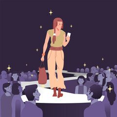 Fashion models showing represent new clothes outfit trendy modern stylish woman walking posing on catwalk ramp stage runway. Audience crowd watching