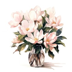big bunch of magnolias in glass vase isolated on white, AI Generated