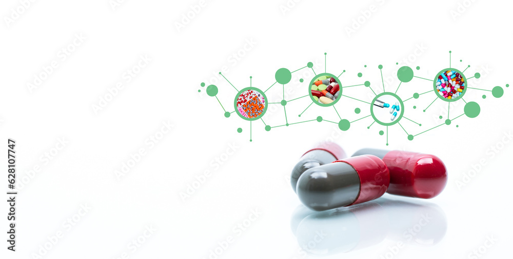 Poster red and gray antibiotic capsule pills. antibiotic drugs. pharmaceutical industry. health and medical