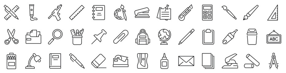 Set of outline icons related to school stationery. Linear icon collection. Editable stroke. Vector illustration