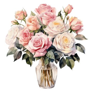big bunch of roses in glass vase isolated on white, AI Generated