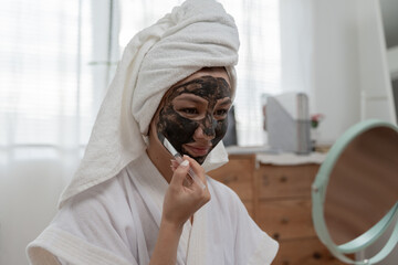 Beautiful woman spa and treatment skin of face. face of a healthy woman apply cream. Advertisement for skin cream, anti-wrinkle, baby face, whitening, moisturizer, tighten pores serum, youthful