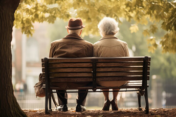 Elderly Man And Woman Reminiscing Hand In Hand At Their Favorite Park Bench, Rear View. Nostalgia Of Aging Together, The Joy Of Sharing Memories