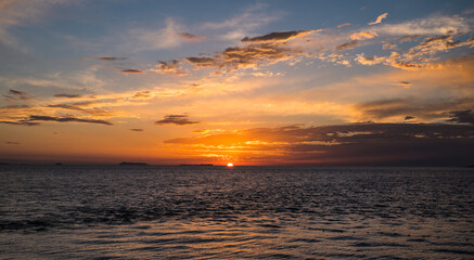 Sarande beach during sunset. Bistrica Beach with view at Sarande city. beautiful evening sky
