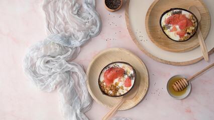 Yogurt with grapefruit, granola, chia and honey