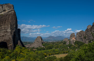 Greece. Meteora - incredible sandstone rock formations and monasteries. The Meteora area is on UNESCO World Heritage List. summer panorama