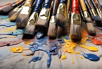 Fototapeta premium Paint brushes, artist's table at work, Generative Ai