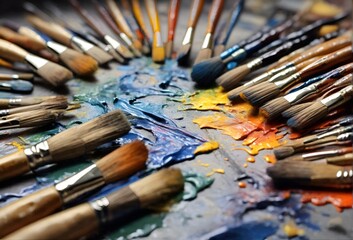 Fototapeta premium Paint brushes, artist's table at work, Generative Ai