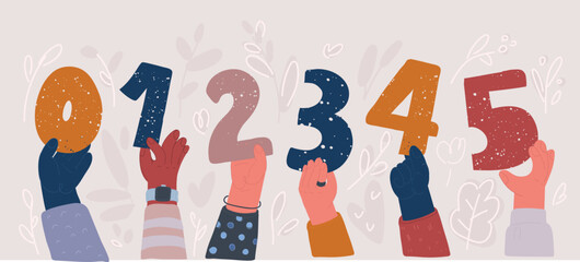 Vector illustration of hands holding numbers. Set of showing big numbers. Education, birhtday, celebrating achievements concept. Cartoon comic style. Ranking and voting. Math symbols. 1,2,3,4,5,6,0 