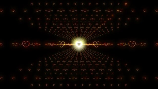 Camera Flying Through Heart  Shape Particle On Dark Background, Glowing Particle Harts Animation, Hearts Icon Animation And Particle Moving On The Screen. Digital High Tech Background, Romantic Animat