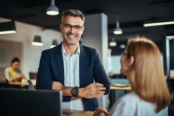 Obraz premium In the vibrant cool office, colleagues thrive. Creativity sparks as they collaborate, bringing ideas to life. Laughter echoes through modern spaces, fostering a dynamic environment.