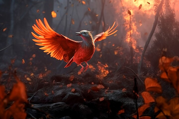 Birds fly out of the burning forest. Forest fires are a problem of climate change and global warming. Generative ai