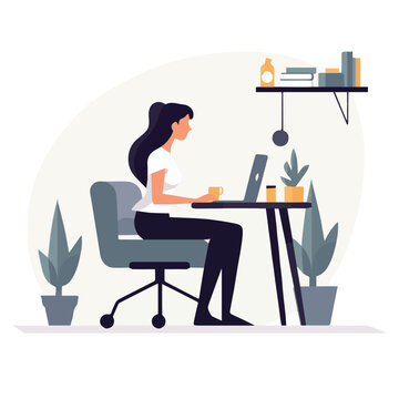 professional woman sitting with computer laptop working in flat design vector illustration with white background
