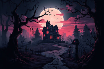 Halloween haunted house with bright moon. Halloween background for games. Halloween spooky mansion with stoned path.