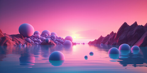 Surreal landscape with mountains and sunset pink sea with floating spheres on surface of  water.  Long horizontal banner. Generative AI. Artistic original mental, emotional, and spiritual concept - obrazy, fototapety, plakaty