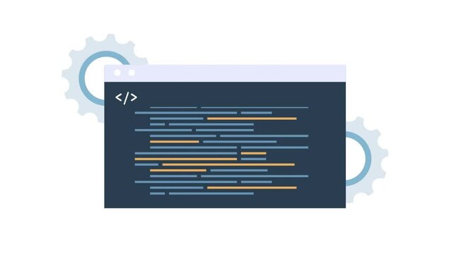 Source code scrolling with gear element, animated scene explanation