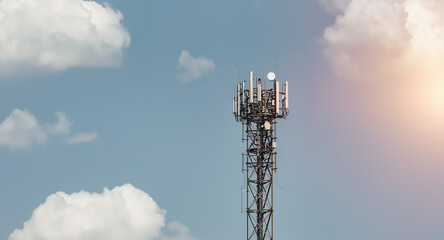Antenna communication technology. Telecommunication 5G and LTE. The communication tower connects to data. Digital Transformation Internet of Things