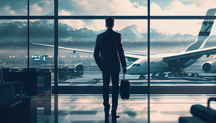 Businessman at the airport,  silhouette of a person at the airport, Ai generated image 