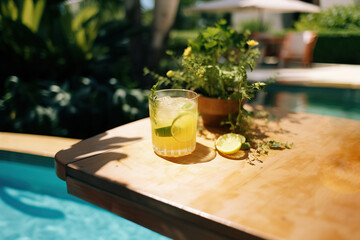 Colorful cocktail by the pool on a wooden table