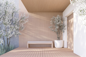 Small contemporary wooden porch 3D render illustration with white blossom flower plants, decorated with wooden benches, front seats, of house entrance door