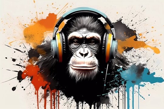 Realistic monkey colorful illustration, headphone, headphones vintage drawing, Generated ai, generative, ai