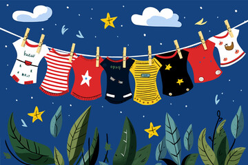 Colorful drawing of baby clothes on a rope in the countryside. Many fun different kid T-shirts hanging on a clothes line in the garden at night