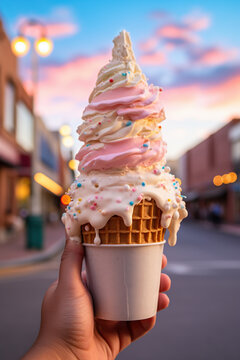 Close up of a soft serve ice cream at sunset
