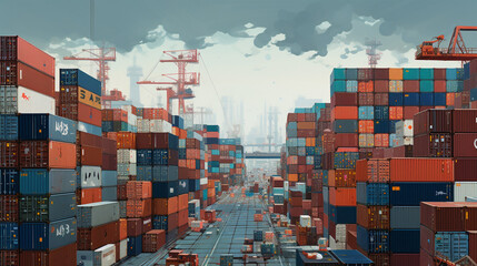 the organized chaos of a busy sea cargo port, with containers of various sizes and colors neatly stacked and ready for loading Generative AI