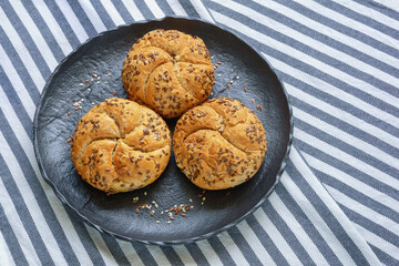 Sesame Kaiser Rolls (Emperor roll, kajzerica), round bread rolls. Copy space